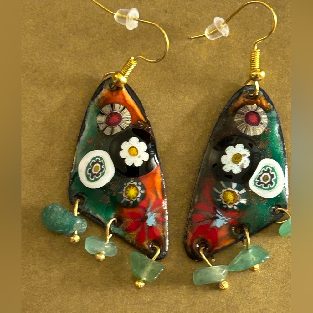 NWOT Earrings “Summer Garden” French artisan Copper Enamels Aventurine stones